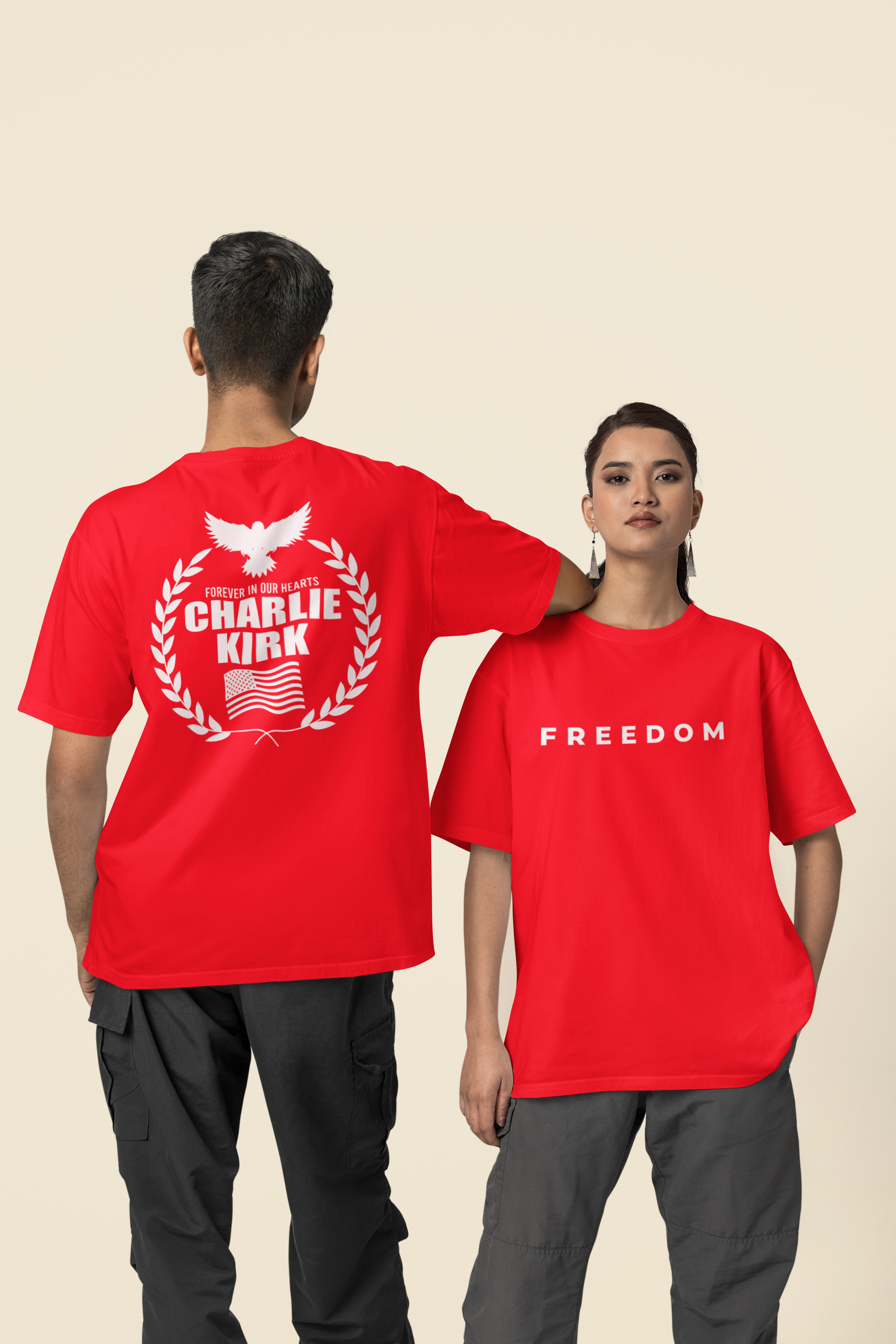 Red T-shirt with White Freedom and Back Design Honoring Charlie Kirk